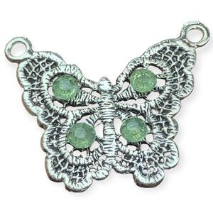 Vintage Silver Tone Metal Butterfly Pendant 1.25" Green Rhinestone Filigree